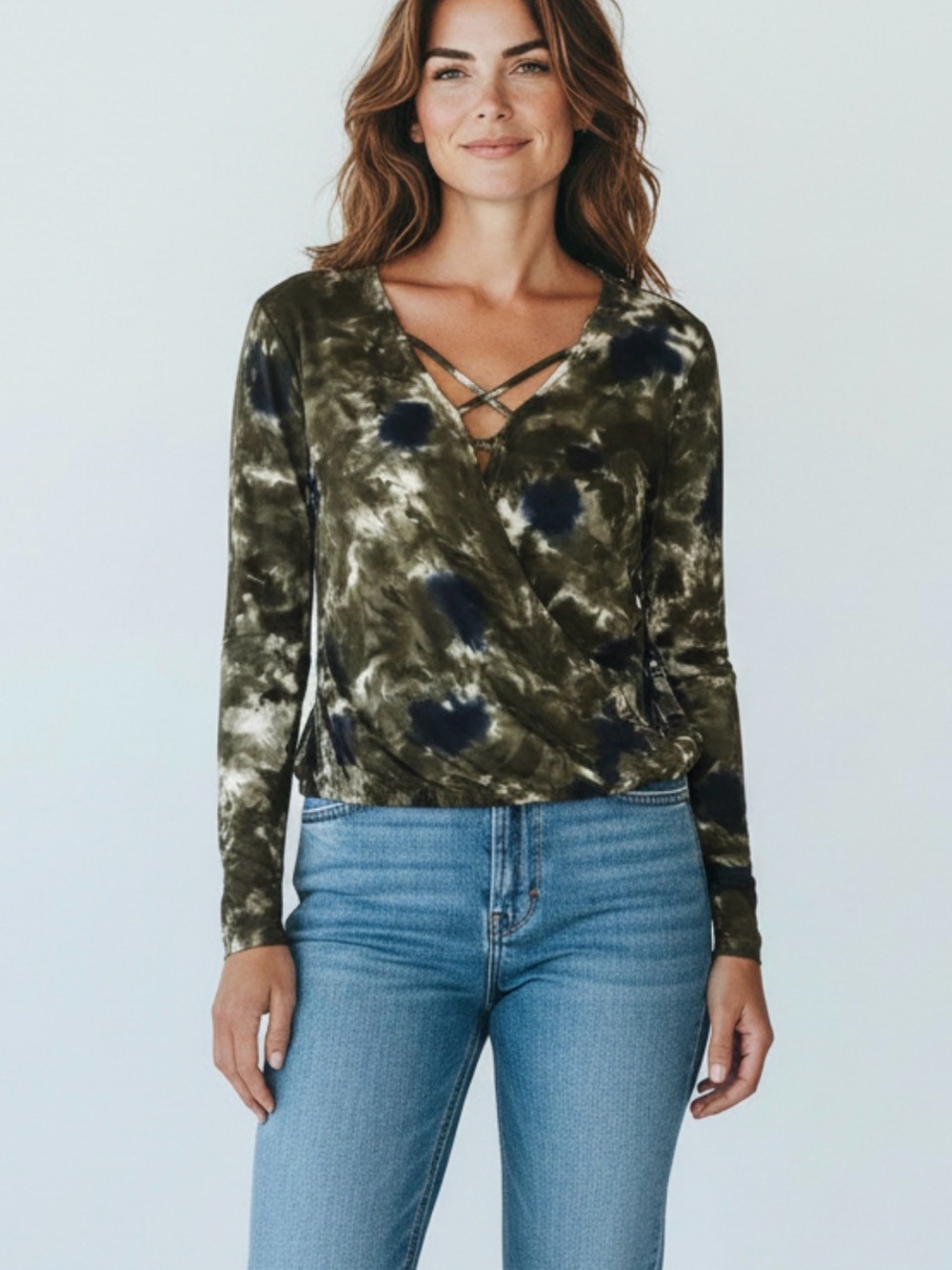 Rock & Republic Olive Tie-Dye Long Sleeve Wrap Top